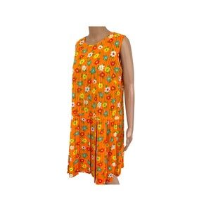 Vintage 60s Orange Flower Power Dress Mod Sleeveless M